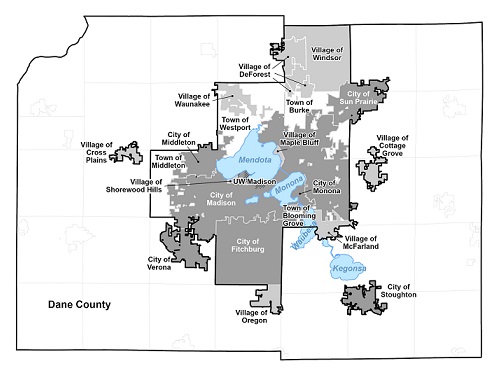 A map of Dane County with the borders outlined of MAMSWaP partner municipalities.