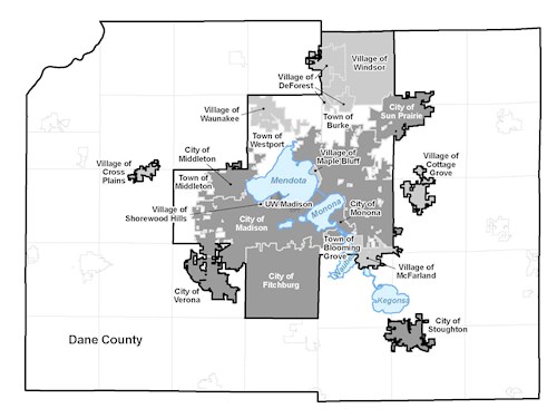 A map of Dane County with the borders outlined of 21 partner municipalities that are involved in the Joint Storm Water Permit Group.